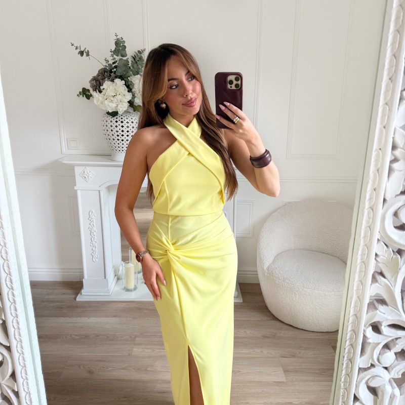 ROBE COUP DE COEUR  JAUNE PASTEL FENTE