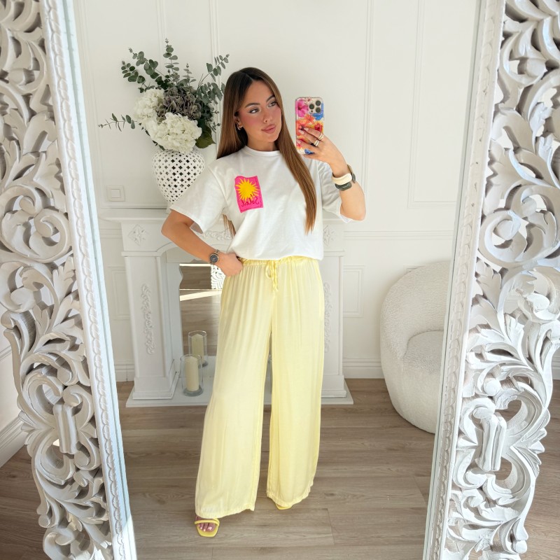 PANTALON FLUIDE AMPLE SATIN JAUNE PASTEL