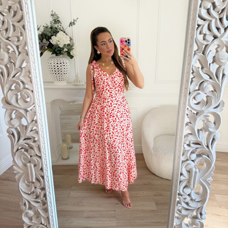 LONGUE ROBE FLEURIE BEIGE ROUGE