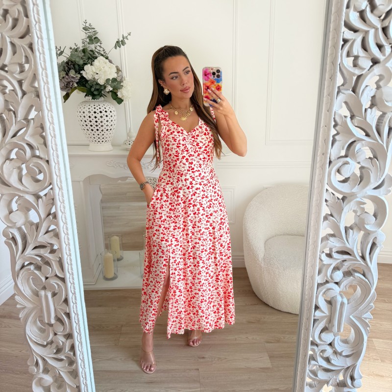 LONGUE ROBE FLEURIE BEIGE ROUGE