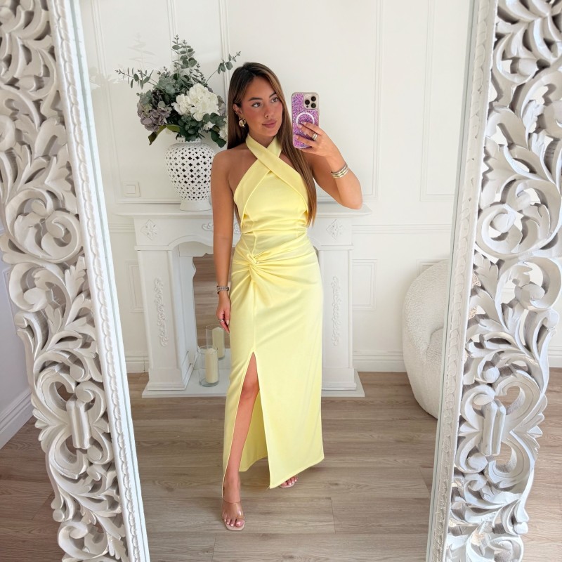 ROBE COUP DE COEUR  JAUNE PASTEL FENTE