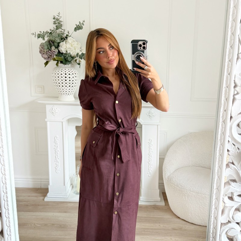 LONGUE ROBE CHEMISE DAIM PRUNE