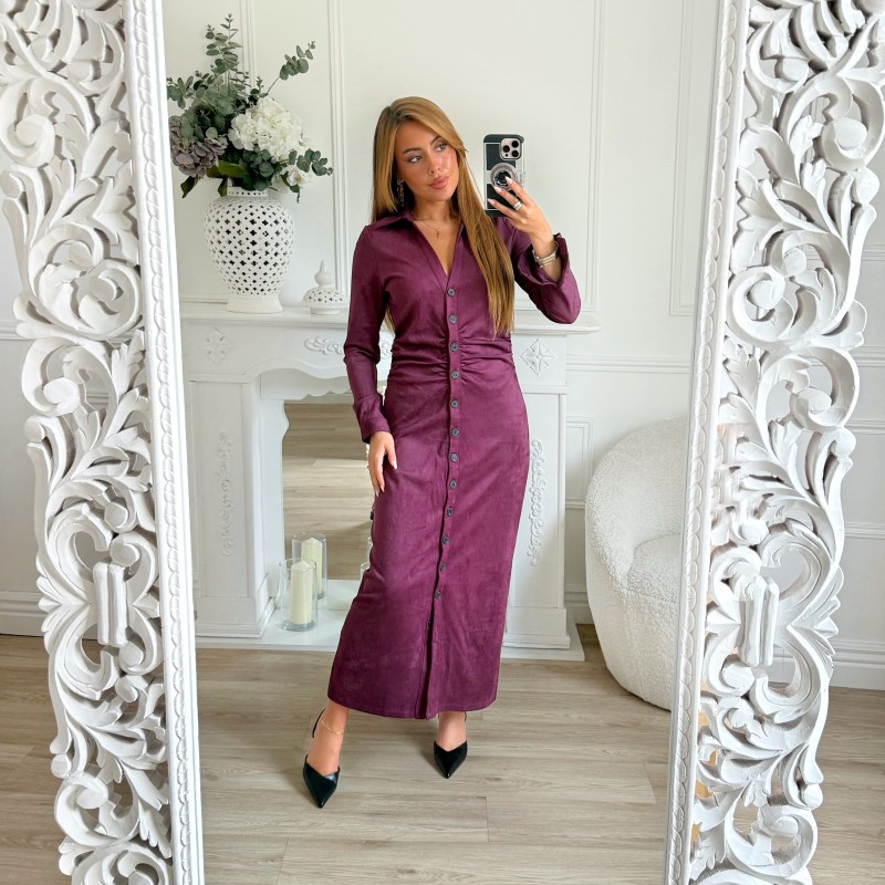 LONGUE ROBE DRAPÉE DAIM PRUNE