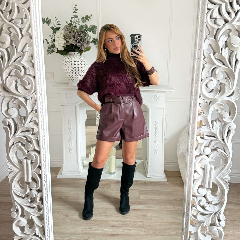 SHORT SIMILI CUIR PRUNE