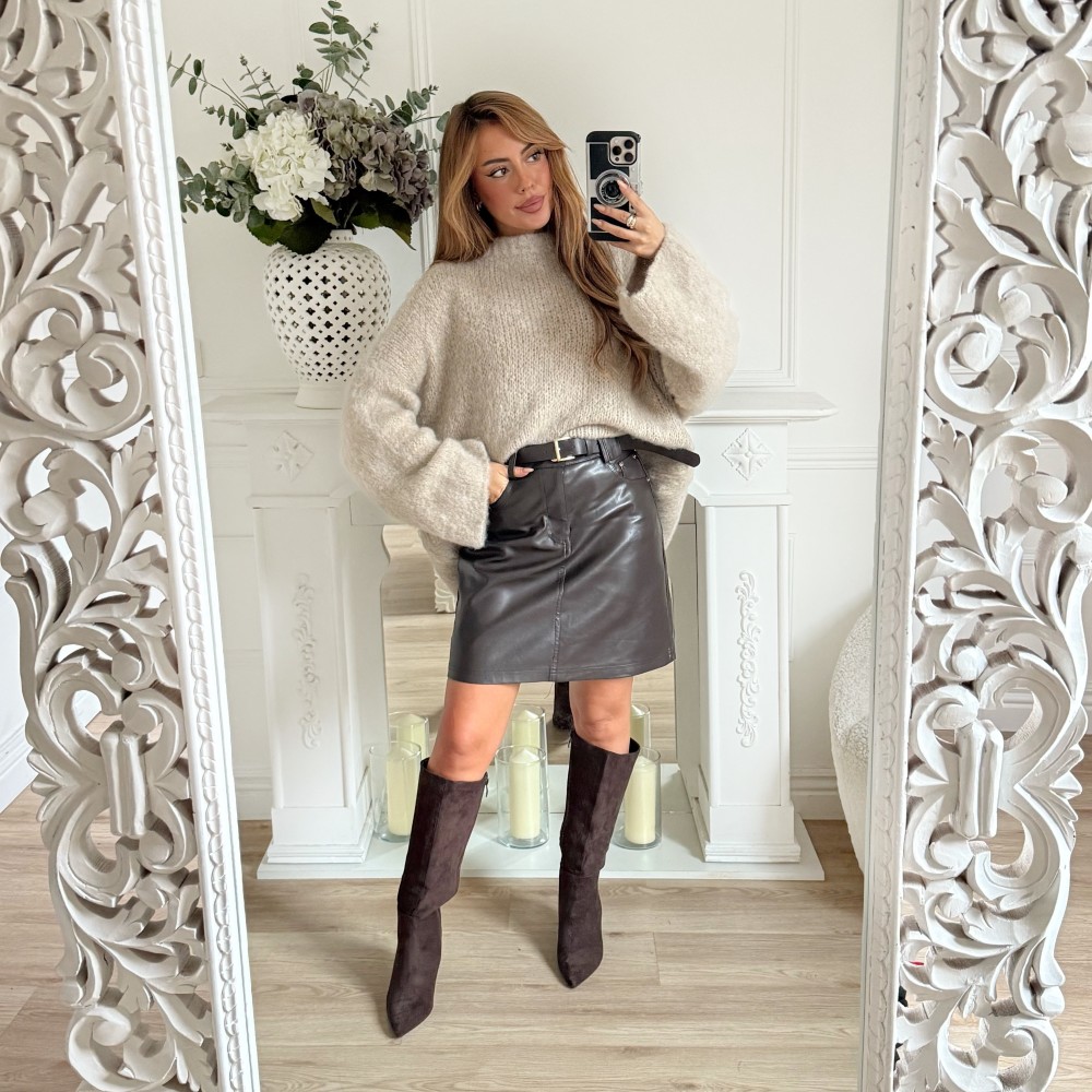 JUPE SIMILI CUIR CHOCO AVEC CEINTURE AMINA