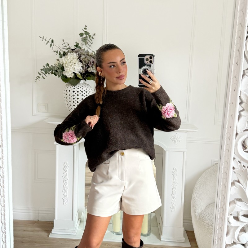 PULL CHOCO BRODERIE FLEURS
