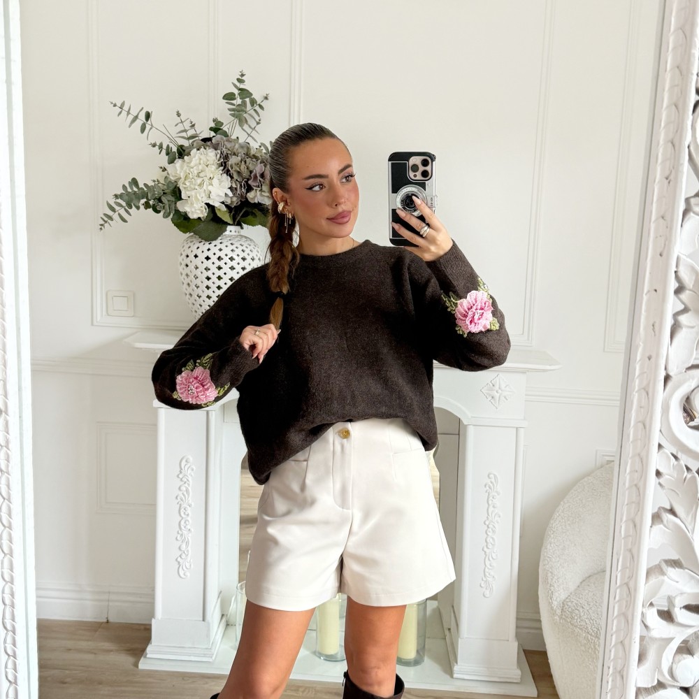 PULL CHOCO BRODERIE FLEURS
