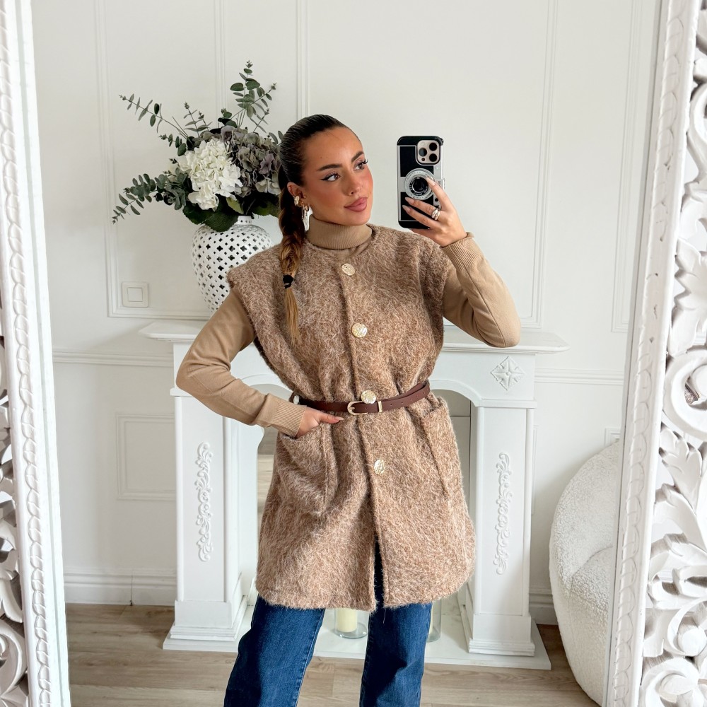 MAXI VESTE SANS MANCHE CEINTURE