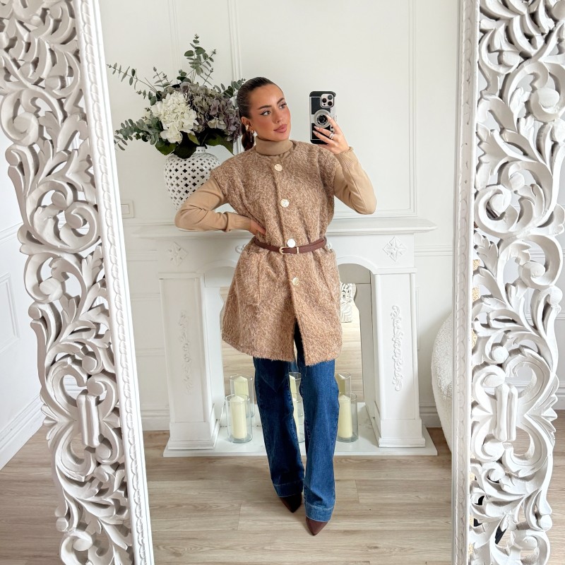 MAXI VESTE SANS MANCHE CEINTURE