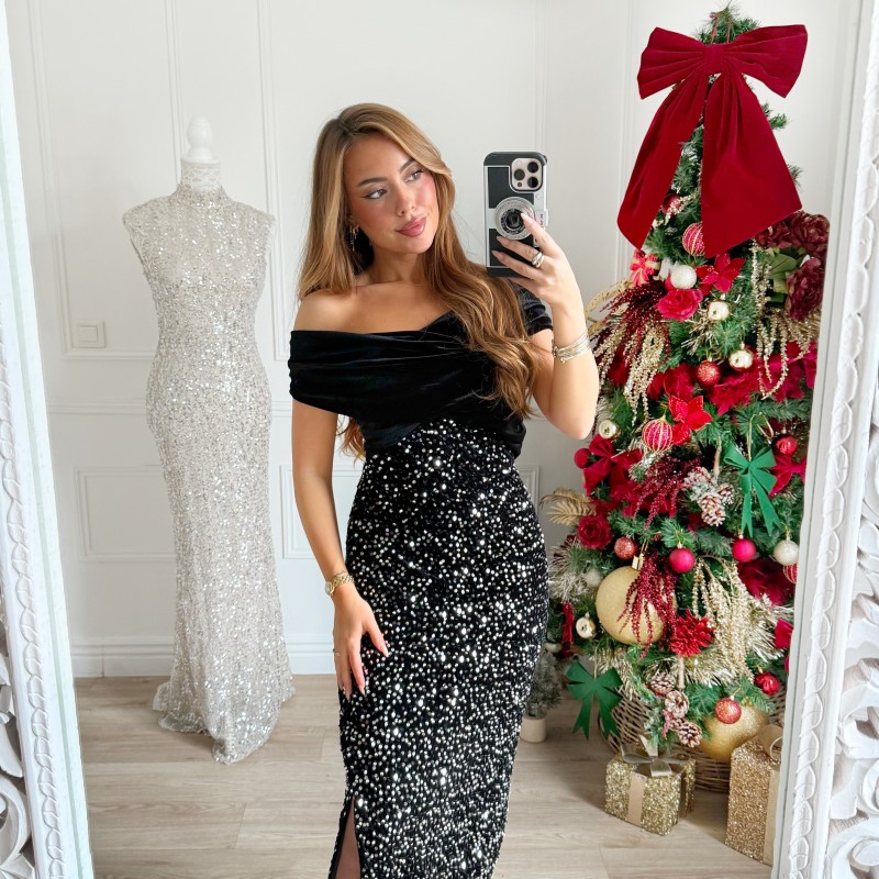 ROBE BLACK CROISÉE SEQUINS ARGENTÉS DIANA