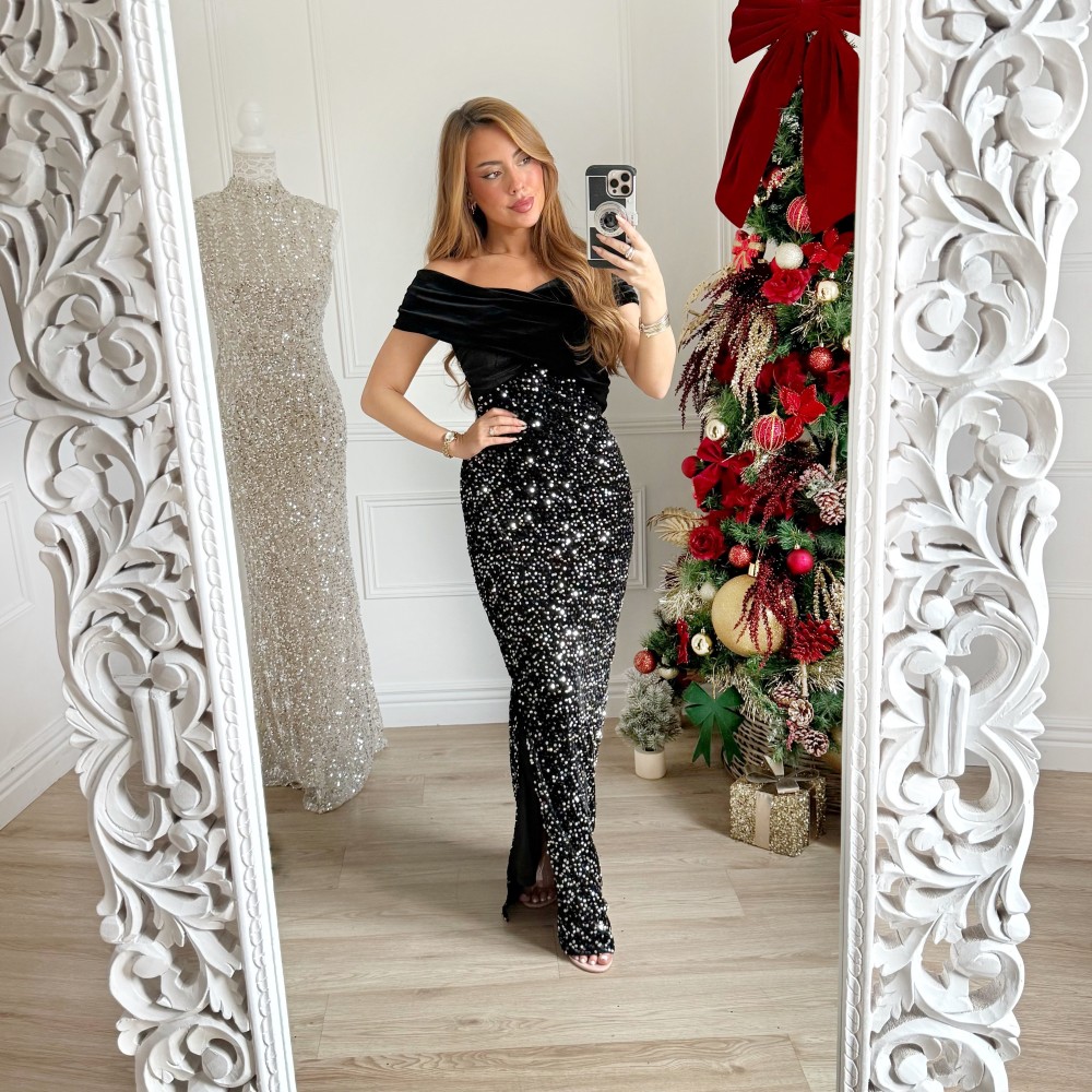 ROBE BLACK CROISÉE SEQUINS ARGENTÉS DIANA