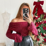 TOP COL BATEAU SEQUINS BURGUNDY